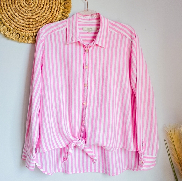 LOFT, Pink Striped Linen Blend Button Down Tie Front Everyday Shirt SZ Large - Picture 14 of 14
